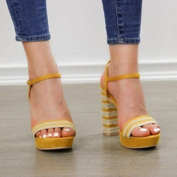 Espadrille Heel Yellow Open Toe Platform Sandal - Picture 9 of 11